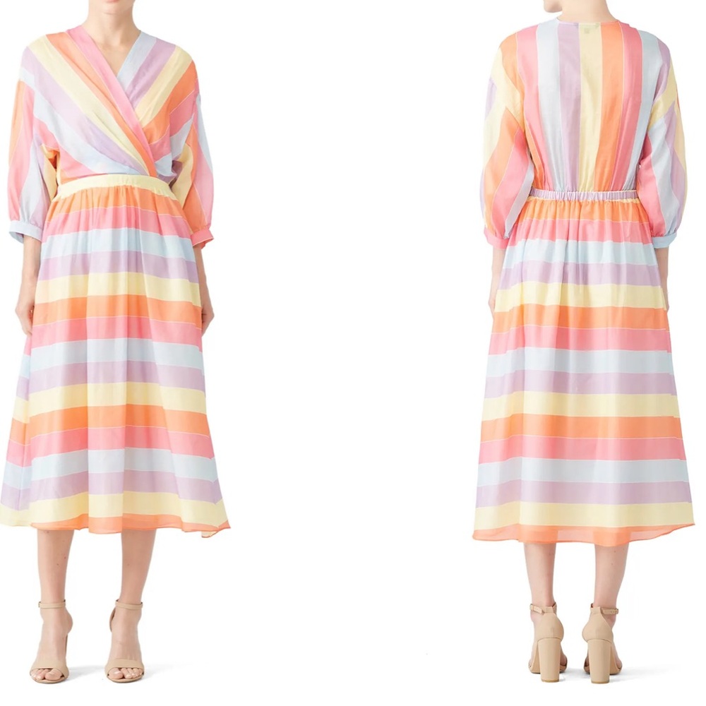 RTR Tara Jarmon Rainbow Colorful Stripey 3/4 Sleeve Midi Dress‎ Sz 38 / US 6